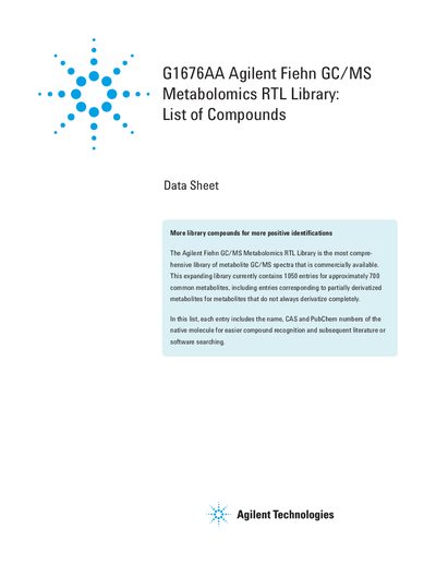 Agilent G1676AA Fiehn GC/MS Metabolomics RTL Library Data Sheet