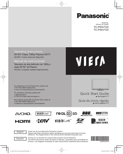Panasonic TC-P50VT25/TC-P54VT25 Plasma HDTV Quick Start Guide and User Manual