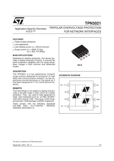 STMicroelectronics TPN3021 Tripolar Overvoltage Protection for Network Interfaces Datasheet - cover page