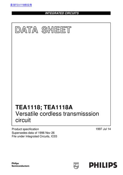Philips TEA1118; TEA1118A Versatile Cordless Transmission Circuit Datasheet - cover page