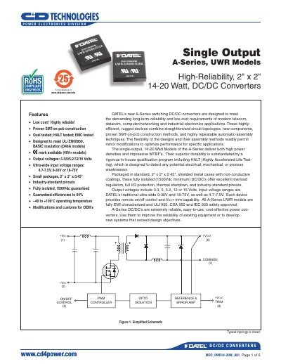 DATEL UWR A-Series 14-20W Single Output DC/DC Converters Datasheet - cover page