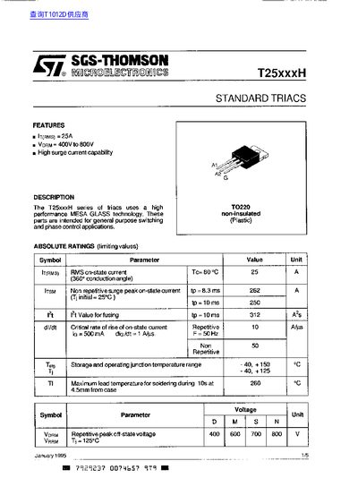SGS-Thomson Microelectronics T25xxxH Standard Triacs Datasheet - cover page