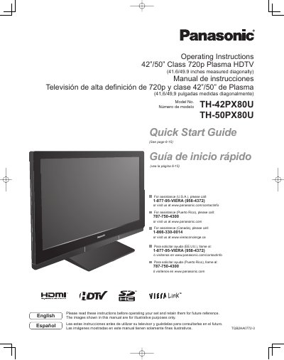 Panasonic TH-42PX80U/TH-50PX80U Plasma HDTV Operating Instructions - cover page