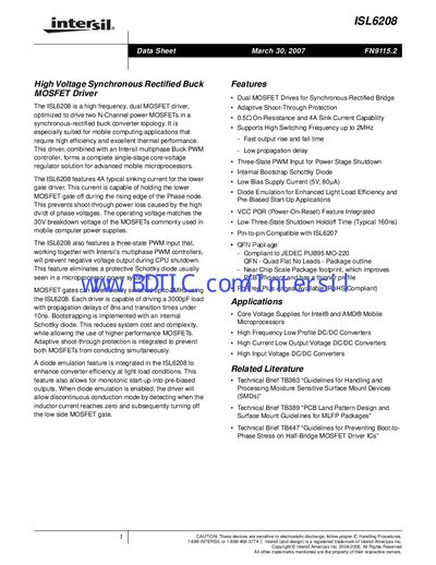 Intersil ISL6208 MOSFET Driver Datasheet