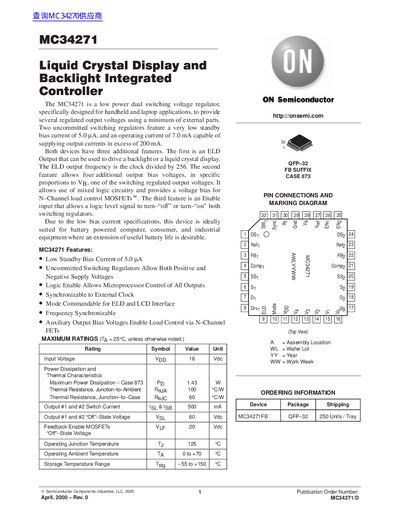 ON Semiconductor MC34271 Liquid Crystal Display Controller Datasheet - cover page