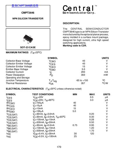 Central Semiconductor CMPT3646 NPN Silicon Transistor Datasheet - cover page