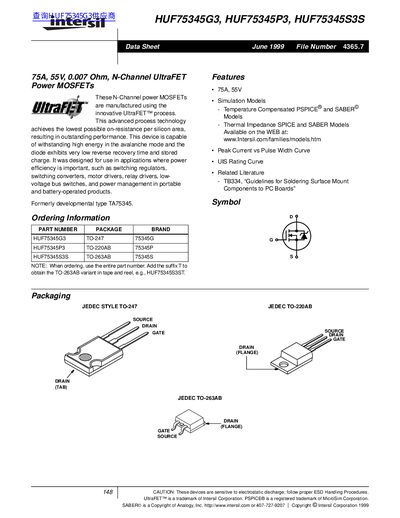 Intersil Corporation HUF75345G3/HUF75345P3/HUF75345S3S 75A Power MOSFET Datasheet - cover page