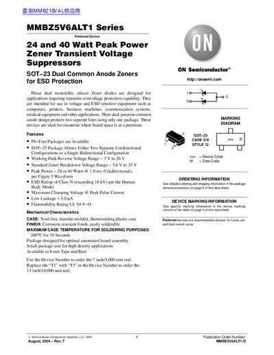 ON Semiconductor MMBZ5V6ALT1 Series Datasheet - cover page