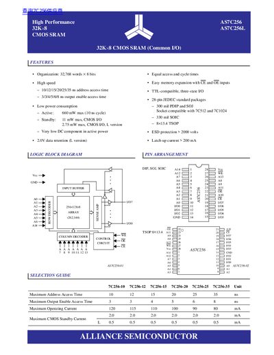 Alliance Semiconductor AS7C256/AS7C256L 32Kx8 CMOS SRAM Datasheet