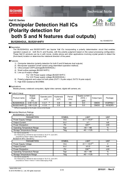 ROHM BU52004GUL & BU52014HFV Hall IC Technical Note - cover page