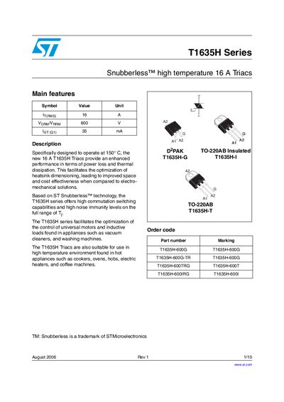 STMicroelectronics T1635H Series Triac Datasheet - cover page