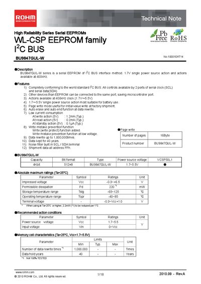ROHM BU9847GUL-W Serial EEPROM Datasheet - cover page