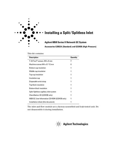 Agilent 6850 GC - Installing a Split/Splitless Inlet Manual - cover page