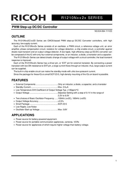 Ricoh R1210Nxx2x Series PWM Step-up DC/DC Controller Datasheet - cover page