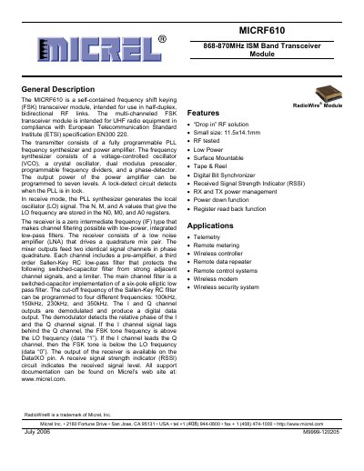 Micrel MICRF610 RF Transceiver Module User Manual - cover page