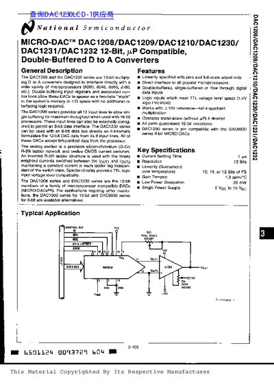 National Semiconductor DAC1208/DAC1209/DAC1210/DAC1230/DAC1231/DAC12332 handbook - cover page