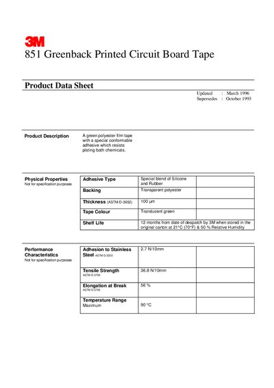 3M 851 Greenback Printed Circuit Board Tape Datasheet - cover page