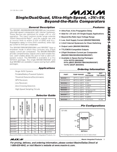Maxim MAX961‑MAX964/MAX997/MAX999 Comparators Datasheet - cover page