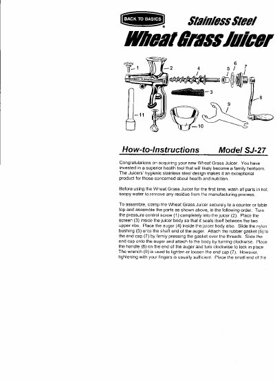 Back To Basics Products SJ-27 Wheat Grass Juicer Instructions - cover page