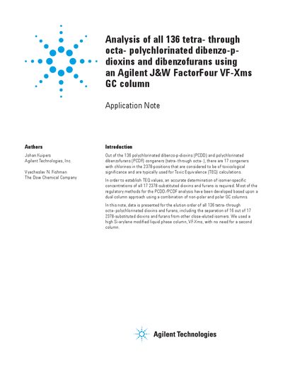 Agilent Analysis of all 136 tetra- through octa- polychlorinated dibenzo-p-dioxins dibenzofurans using a VF-Xms GC column - cover page
