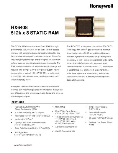 Honeywell HX6408 512K x 8 Static RAM Handbook - cover page