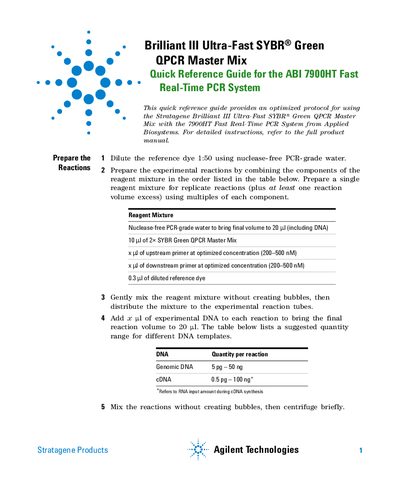 Agilent Brilliant III Ultra-Fast SYBR Green QPCR Master Mix - Quick Reference Guide for the ABI 7900HT Fast Real-Time PCR System Manual