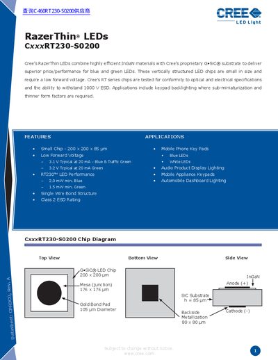 CREE RazerThin LEDs CxxxRT230-S0200 handbook - cover page