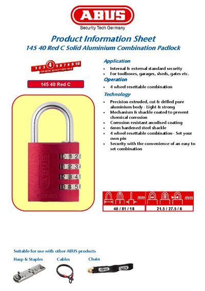ABUS 145 40 Red C Combination Padlock Product Information Sheet - cover page
