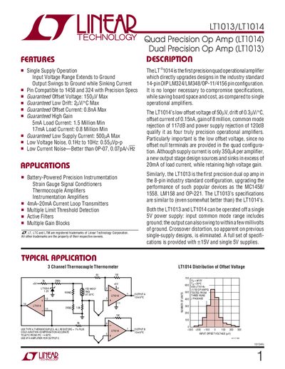 Linear Technology LT1013/LT1014 Operational Amplifier Datasheet - cover page