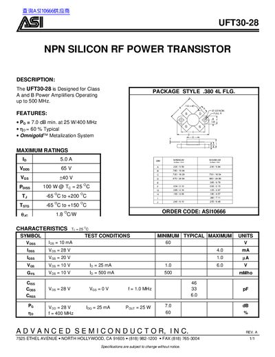 Advanced Semiconductor UFT30-28 RF Power Transistor Datasheet - cover page