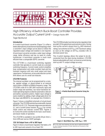Linear Technology LTC3789 Design Note 499 High Efficiency 4-Switch Buck-Boost Controller Provides Accurate Output Curren - cover page