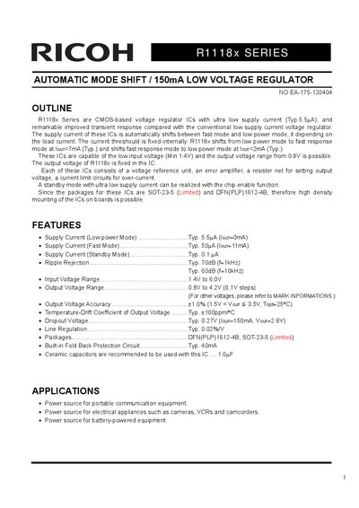 Ricoh R1118x Series CMOS Voltage Regulator IC Datasheet - cover page