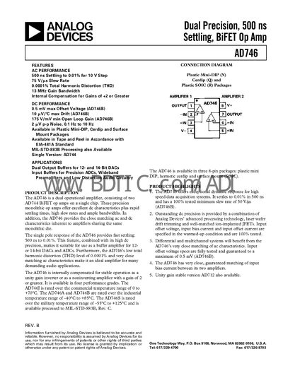 Analog Devices AD746 Dual Precision BIFET Op Amp Datasheet - cover page