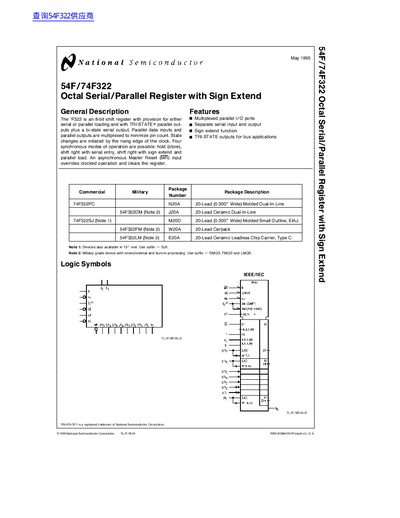 National Semiconductor 54F/74F322 Octal Serial/Parallel Register Datasheet - cover page
