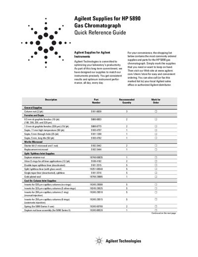 Agilent HP 5890 Gas Chromatograph Supplies Quick Reference Guide - cover page