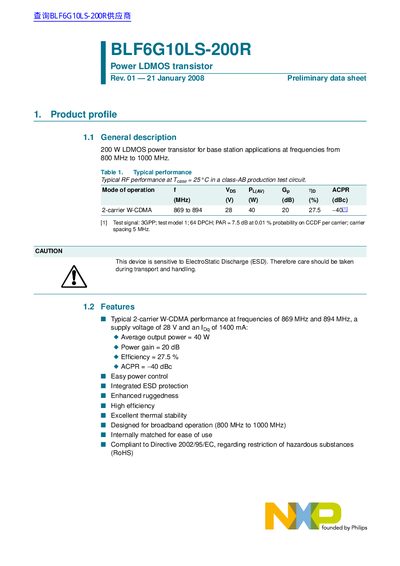 NXP BLF6G10LS-200R Power LDMOS Transistor Preliminary Data Sheet