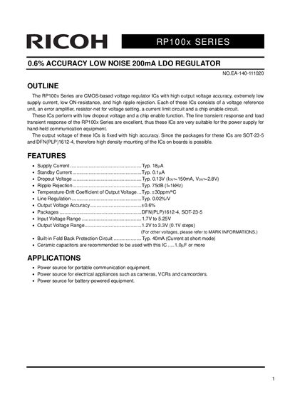 Ricoh RP100x Series LDO Regulator Datasheet - cover page