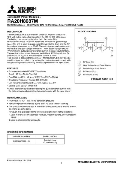 Mitsubishi Electric RA20H8087M RF Power Module Datasheet - cover page