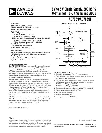 Analog Devices AD7859/AD7859L 12‑Bit 8‑Channel ADC Datasheet - cover page