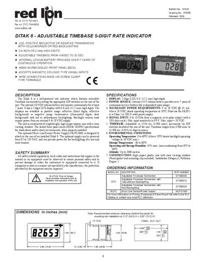 RED LION DITAK 8 - ADJUSTABLE TIMEBASE 5-DIGIT RATE INDICATOR - cover page