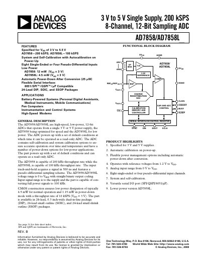 Analog Devices AD7858/AD7858L 12‑Bit ADC Datasheet - cover page