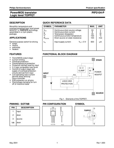 Philips PIP3104-P PowerMOS Transistor Datasheet - cover page