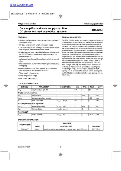 Philips TDA1302T Data Amplifier and Laser Supply Circuit Datasheet - cover page