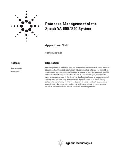 Agilent SpectrAA 600/800 System Database Management Application Note - cover page