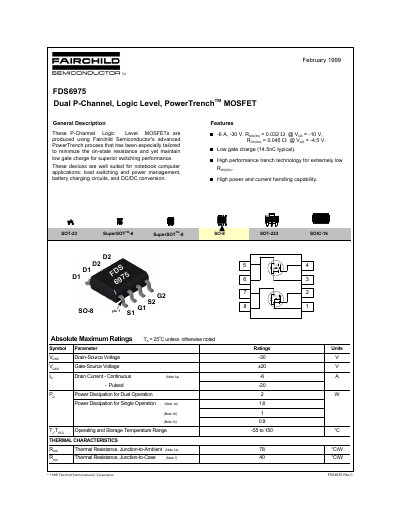 Fairchild Semiconductor FDS6975 Dual P-Channel Logic Level PowerTrench MOSFET Datasheet - cover page