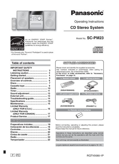 Panasonic SC-PM23 CD Stereo System Operating Instructions - cover page