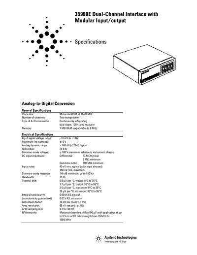 Agilent 35900E Dual-Channel Interface with Modular Input/Output Datasheet - cover page