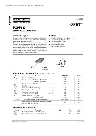 Fairchild FQPF630 Datasheet - cover page