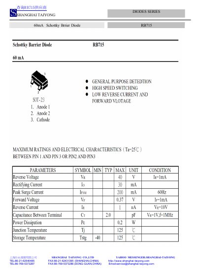Shanghai Taiyong RB715 Series Schottky Barrier Diode Datasheet - cover page