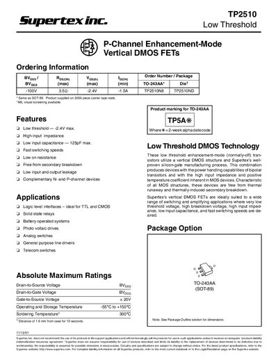 Supertex TP2510 P-Channel Enhancement-Mode Vertical DMOS FET Handbook - cover page